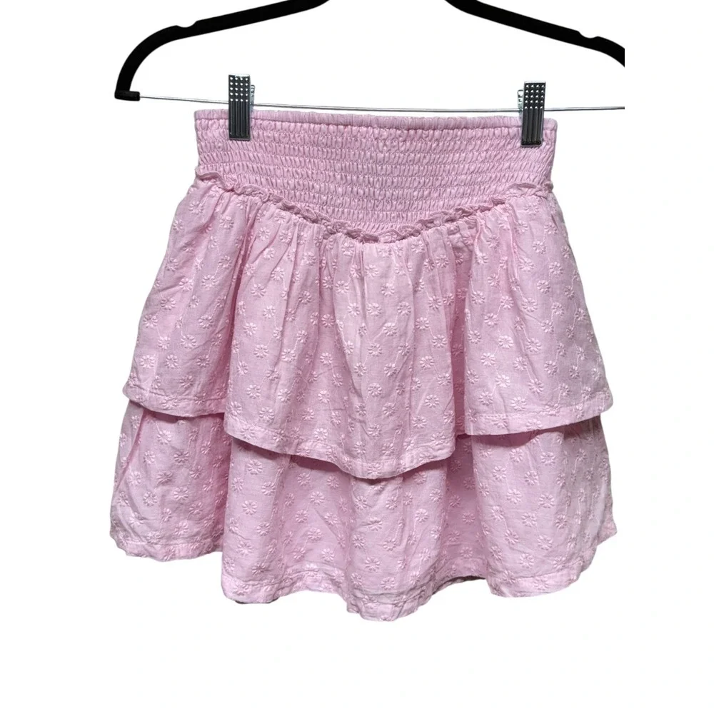 Hollister Skirt Sz S Pink Floral Embroidered‎ Tiered Ruffle Coquette High Rise